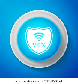 Shield with VPN and WiFi wireless internet network symbol icon isolated on blue background. VPN protect safety concept. Virtual private network for security. Circle blue button. Vector illustration
