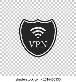 Shield with VPN and WiFi wireless internet network symbol icon isolated on transparent background. VPN protect safety concept. Virtual private network for security. Flat design. Vector Illustration