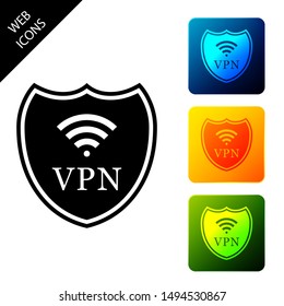 Shield with VPN and WiFi wireless internet network symbol icon isolated. VPN protect safety concept. Virtual private network for security. Set icons colorful square buttons. Vector Illustration