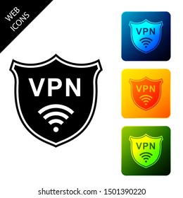 Shield with VPN and WiFi wireless internet network symbol icon isolated. VPN protect safety concept. Virtual private network for security. Set icons colorful square buttons. Vector Illustration
