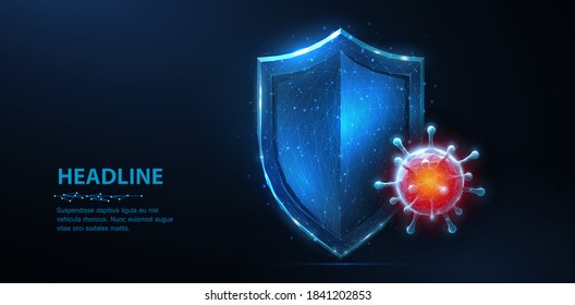 Shield vs virus. Abstract vector 3d shield viral microbe vs blue shield isolated. Computer virus safety, bacterial protection, pandemic fight, medical healthcare, insurance, antivirus firewall concept