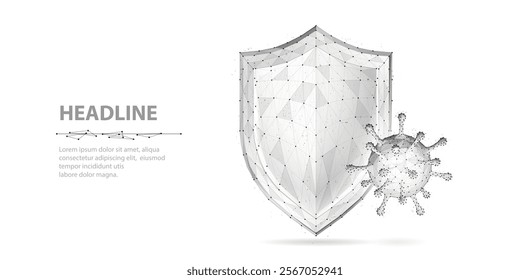 Shield vs virus. Abstract vector 3d shield viral microbe vs shield isolated. Computer virus safety, bacterial protection, pandemic fight, medical healthcare, insurance, antivirus firewall concept