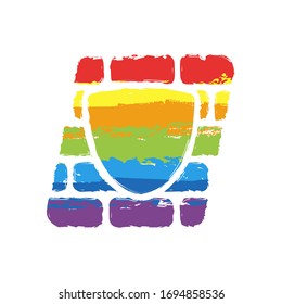 Escudo y pared, protección del edificio. Signo de dibujo con estilo LGBT, siete colores arcoiris (rojo, naranja, amarillo, verde, azul, índigo, violeta)