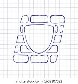 Shield and wall, building protection. Hand drawn picture on paper sheet. Blue ink, outline sketch style. Doodle on checkered background
