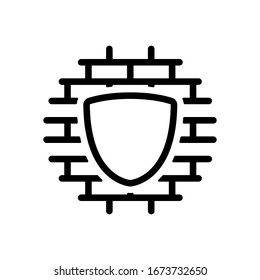 Shield and wall, building protection, outline design. Black icon on white background