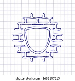 Shield and wall, building protection, outline design. Hand drawn picture on paper sheet. Blue ink, outline sketch style. Doodle on checkered background