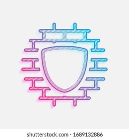 Blindaje y pared, protección del edificio, diseño de contorno. Logo tecnológico con líneas diagonales y degradado de color. Imagen neón, efecto claro. Color azul y rojo