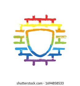 Shield and wall, building protection, outline design. Drawing sign with LGBT style, seven colors of rainbow (red, orange, yellow, green, blue, indigo, violet