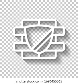 Shield and wall, building protection, outline design. White icon with shadow on transparent background