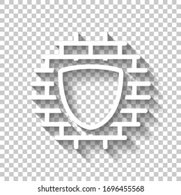 Shield and wall, building protection, outline design. White icon with shadow on transparent background