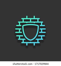 Shield and wall, building protection, outline design. Colorful logo concept with soft shadow on dark background. Icon color of azure ocean