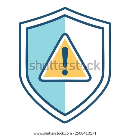 Shield with warning icon. A protective shield with a warning sign inside symbolizes caution, risk, and potential danger.