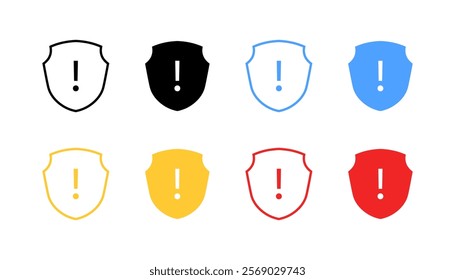 Shield warning set icons. Linear, silhouette and flat style. Vector icons.
