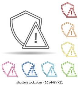 Blindaje y advertencia en un icono de estilo multicolor. Línea delgada simple, contorno vectorial de iconos antivirus para ui y ux, sitio web o aplicación móvil