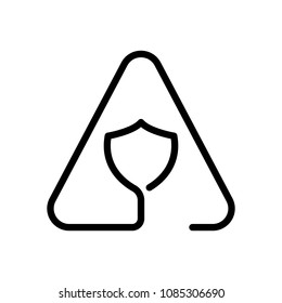 Shield in warning triangle. Problem with protect. Linear icon with thin outline. One line style