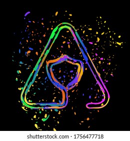 Shield in warning triangle. Problem with protect. Linear icon with thin outline. One line style. Colored ink with splashes on black background