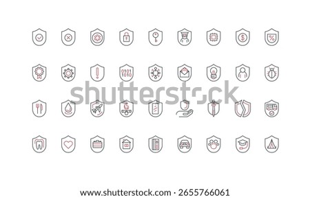 Shield warranty for quality, security protection line icon set. Different defense shields protect health and life in accident, property, money, code thin black and red symbols vector illustration