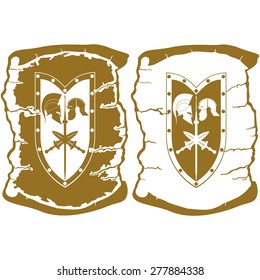 Shield warrior of ancient Rome on parchment background. Illustration on white background.