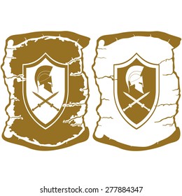 Shield warrior of ancient Rome on parchment background. Illustration on white background.