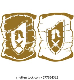 Shield warrior of ancient Rome on parchment background. Illustration on white background.