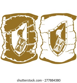 Shield warrior of ancient Rome on parchment background. Illustration on white background.