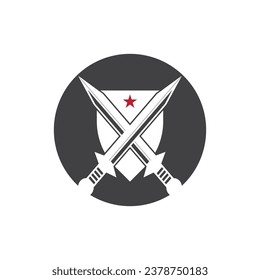 Shield wars with Sword logo design vector illustration