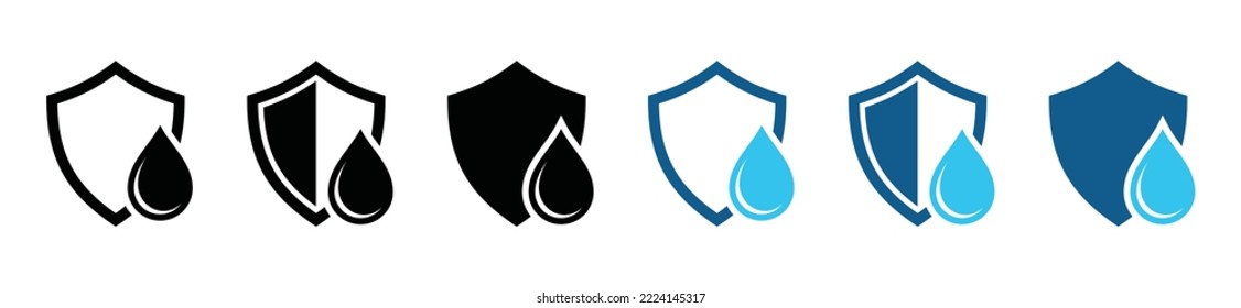 Shield waterproof icon set. Protection from water or water protection or protect from wet icon. Shield protector, secure, protect, scutum, safeguard sign, vector illustration