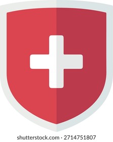 “red shield with white cross, flat minimal vector, medical safety icon”