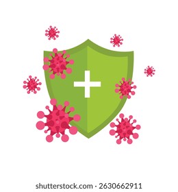 Shield with white cross and red virus cells. Protection against bacteria and viruses