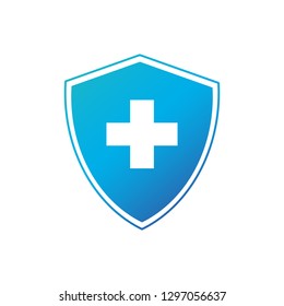 shield with white cross security or protection sign symbol. Vector illustration isolated on white background.