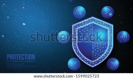 Shield and wifi icon. Security concept, Data secure.  abstract low poly wireframe mesh design. from connecting dot and line. vector illustration.futuristic design on dark blue background