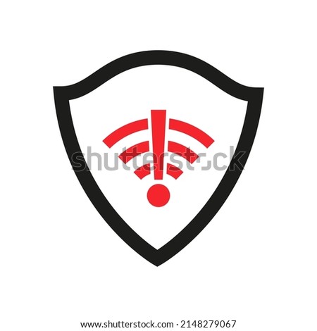 Shield and wifi red icon. Protect sign. Wifi no signal. Vector isolated on white.
