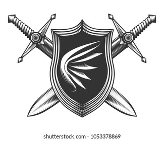 Shield with wing emblem and swords drawn in engraving style. Vector illustration.