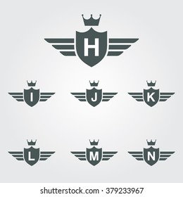 Shield With Wings And Crown Vector Logo Template - Letter H, I ,J, K, L, M, N.