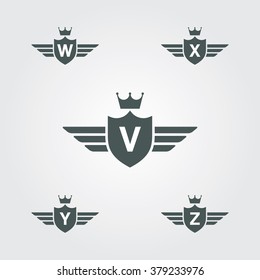 Shield With Wings And Crown Vector Logo Template - Letter V, W, X, Y, Z .