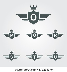 Shield With Wings And Crown Vector Logo Template - Letter O, P, Q, R, S, T, U.