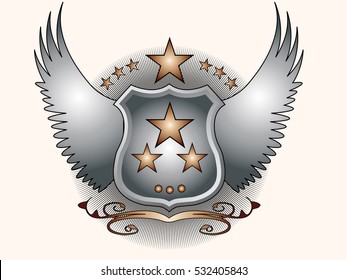 A shield with wings and decoration of stars on a white background.