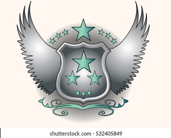 A shield with wings and decoration of stars on a white background.