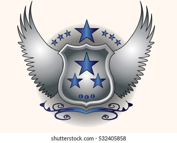 A shield with wings and decoration of stars on a white background.
