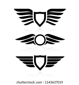 Shield with wings icons - winged badges and emblems in simple style 