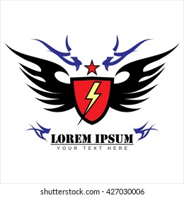 shield wings with the star and light icon. red shield with the black flame. winged red shield ,  yellow light and red star