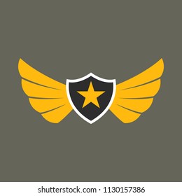 Shield with wings and star. Winged logo template.  Air force badge, army, military and aviation emblem. Vector illustration. 