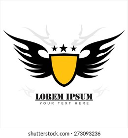 shield wings with the three star icon. yellow shield with the black flame. winged shield and three stars