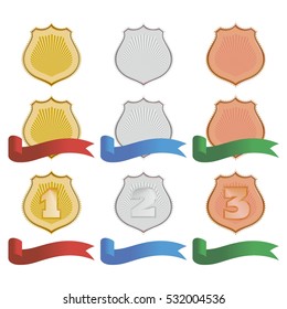 shield winner with red blue green ribbon
