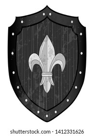 A shield of wood and metal with rivets and a royal lily in the center. The method of protection during the battle shield.