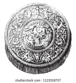  Shield of wood of the sixteenth century, vintage engraved illustration. Magasin Pittoresque 1855.
