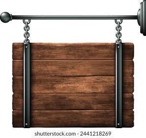 Escudo de tablas de madera colgando de cadenas sobre un fondo blanco. Ilustración realista muy detallada