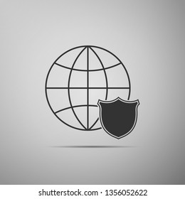 Shield with world globe icon isolated on grey background. Security, safety, protection, privacy concept. Flat design. Vector Illustration