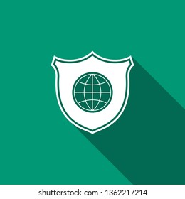 Shield with world globe icon isolated with long shadow. Security, safety, protection, privacy concept. Flat design. Vector Illustration