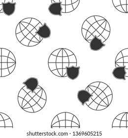 Shield with world globe icon isolated seamless pattern on white background. Security, safety, protection, privacy concept. Flat design. Vector Illustration
